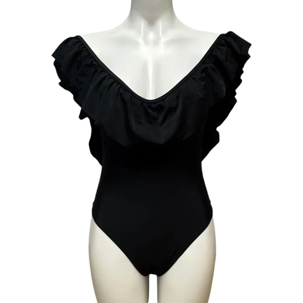 Altar'd State Ruffle Lace Up One Piece Swimsuit Black Small